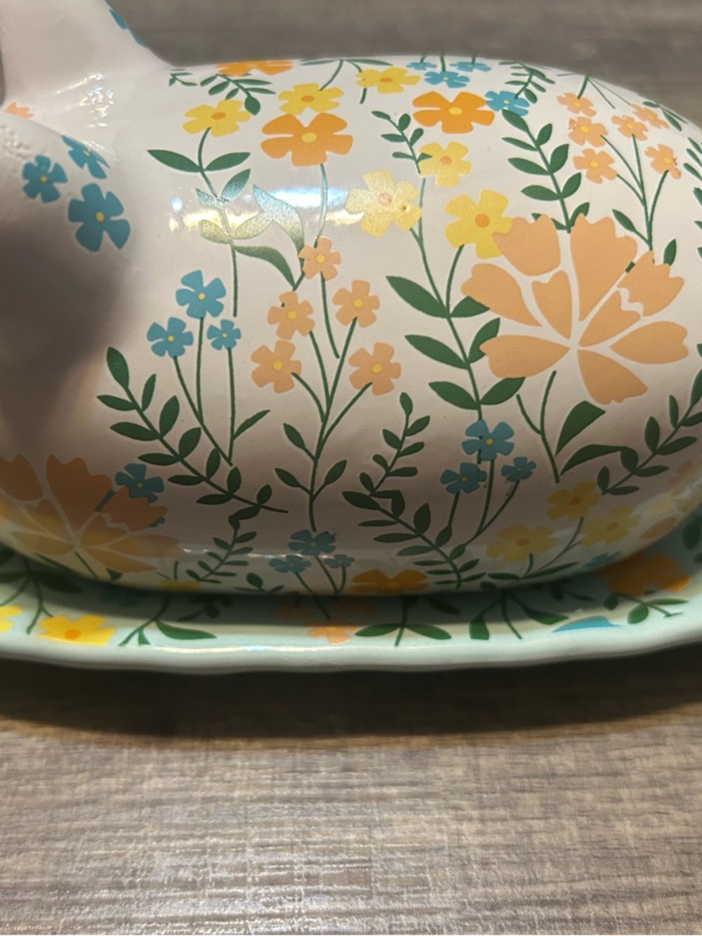 Pig Butter Dish Keeper Storage Display Floral Print Ceramic 8" Aqua Green Yellow - Picture 4 of 10